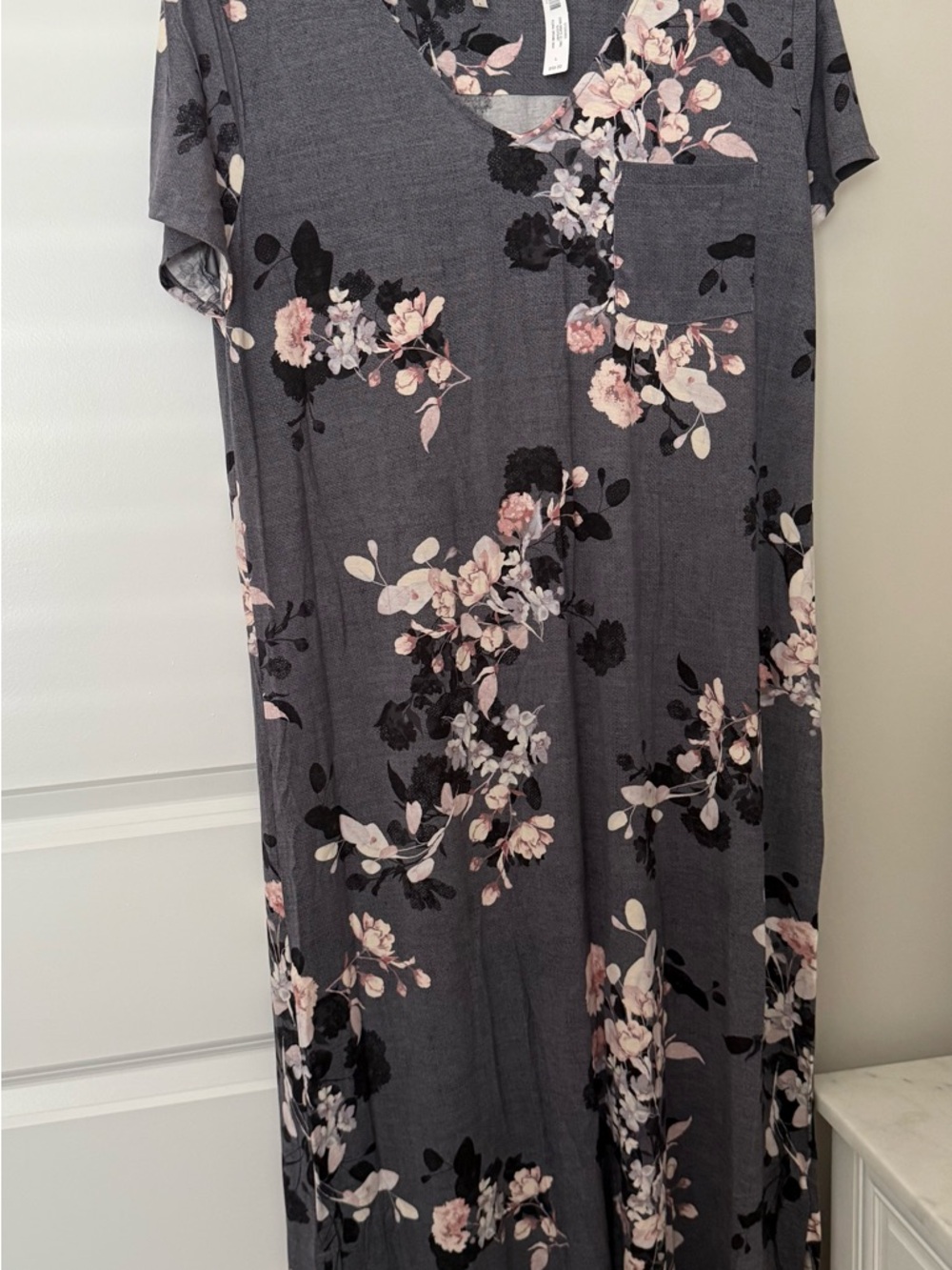 NWT!  Soma Gray Floral V-Neck Maxi Nightgown with Pink Blossoms